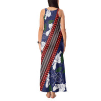 Samoan Culture Tank Maxi Dress Hibiscus and Ula Fala with Tapa Pattern Blue Color LT03 - Polynesian Pride