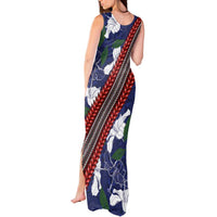 Samoan Culture Tank Maxi Dress Hibiscus and Ula Fala with Tapa Pattern Blue Color LT03 - Polynesian Pride