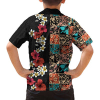 Hawaiian Hibiscus and Tropical Leaves Family Matching Off The Shoulder Long Sleeve Dress and Hawaiian Shirt Patchwork Grunge Abstract Vintage Style LT03 - Polynesian Pride