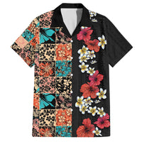 Hawaiian Hibiscus and Tropical Leaves Family Matching Off The Shoulder Long Sleeve Dress and Hawaiian Shirt Patchwork Grunge Abstract Vintage Style LT03 Dad's Shirt - Short Sleeve Black - Polynesian Pride