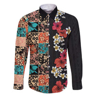 Hawaiian Hibiscus and Tropical Leaves Family Matching Off The Shoulder Long Sleeve Dress and Hawaiian Shirt Patchwork Grunge Abstract Vintage Style LT03 Dad's Shirt - Long Sleeve Black - Polynesian Pride