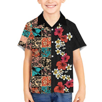 Hawaiian Hibiscus and Tropical Leaves Family Matching Off The Shoulder Long Sleeve Dress and Hawaiian Shirt Patchwork Grunge Abstract Vintage Style LT03 Son's Shirt Black - Polynesian Pride