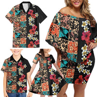 Hawaiian Hibiscus and Tropical Leaves Family Matching Off Shoulder Short Dress and Hawaiian Shirt Patchwork Grunge Abstract Vintage Style