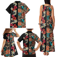 Hawaiian Hibiscus and Tropical Leaves Family Matching Tank Maxi Dress and Hawaiian Shirt Patchwork Grunge Abstract Vintage Style