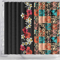 Hawaiian Hibiscus and Tropical Leaves Shower Curtain Patchwork Grunge Abstract Vintage Style