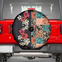 Hawaiian Hibiscus and Tropical Leaves Spare Tire Cover Patchwork Grunge Abstract Vintage Style