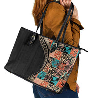Hawaiian Hibiscus and Tropical Leaves Leather Tote Bag Patchwork Grunge Abstract and Tapa Tribal Pattern Half Style