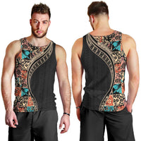 Hawaiian Hibiscus and Tropical Leaves Men Tank Top Patchwork Grunge Abstract and Tapa Tribal Pattern Half Style