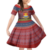 Personalised Kiribati Christmas Family Matching Summer Maxi Dress and Hawaiian Shirt Coat of Arms and Map Beautiful Merry Xmas Snowflake LT03 Daughter's Dress Red - Polynesian Pride