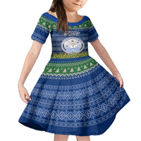 Personalised Marshall Islands Christmas Kid Short Sleeve Dress Coat of Arms and Map Beautiful Merry Xmas Snowflake LT03 KID Blue - Polynesian Pride