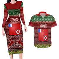 Personalised Wallis and Futuna Christmas Couples Matching Long Sleeve Bodycon Dress and Hawaiian Shirt Coat of Arms and Map Beautiful Merry Xmas Snowflake LT03 Red - Polynesian Pride