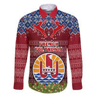 Personalised French Polynesia Christmas Family Matching Tank Maxi Dress and Hawaiian Shirt Coat of Arms and Map Beautiful Merry Xmas Snowflake LT03 Dad's Shirt - Long Sleeve Red - Polynesian Pride