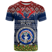 Northern Mariana Islands Christmas T Shirt Coat of Arms and Map Beautiful Merry Xmas Snowflake LT03 Blue - Polynesian Pride