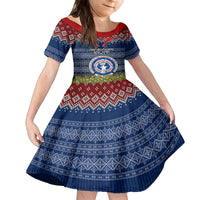 Personalised Northern Mariana Islands Christmas Family Matching Summer Maxi Dress and Hawaiian Shirt Coat of Arms and Map Beautiful Merry Xmas Snowflake LT03 Daughter's Dress Blue - Polynesian Pride