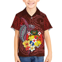 Tonga Humpback Whale Family Matching Off Shoulder Short Dress and Hawaiian Shirt National Seal with Hibiscus and Polynesian Tattoo