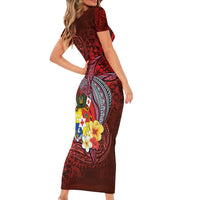 Tonga Humpback Whale Short Sleeve Bodycon Dress National Seal with Hibiscus and Polynesian Tattoo