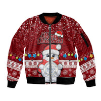 Personalised Palau Christmas Sleeve Zip Bomber Jacket Snowman and Palau Coat of Arms Maori Tribal Xmas Style LT03 Unisex Red - Polynesian Pride