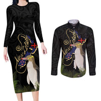 New Zealand Hoiho Couples Matching Long Sleeve Bodycon Dress and Long Sleeve Button Shirt Maori Art Tattoo and Silver Fern
