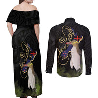 New Zealand Hoiho Couples Matching Off Shoulder Maxi Dress and Long Sleeve Button Shirt Maori Art Tattoo and Silver Fern