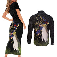 New Zealand Hoiho Couples Matching Short Sleeve Bodycon Dress and Long Sleeve Button Shirt Maori Art Tattoo and Silver Fern