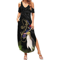 New Zealand Hoiho Summer Maxi Dress Maori Art Tattoo and Silver Fern LT03 Women Black - Polynesian Pride