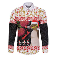 New Zealand Merry Christmas Family Matching Off Shoulder Maxi Dress and Hawaiian Shirt Hoiho Xmas - Haka Dance and Pohutukawa LT03 Dad's Shirt - Long Sleeve White - Polynesian Pride