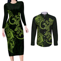 New Zealand Gecko Maori Art Tattoo Couples Matching Long Sleeve Bodycon Dress and Long Sleeve Button Shirt
