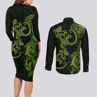 New Zealand Gecko Maori Art Tattoo Couples Matching Long Sleeve Bodycon Dress and Long Sleeve Button Shirt
