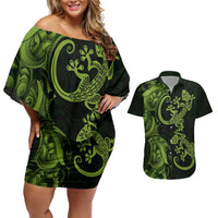 New Zealand Gecko Maori Art Tattoo Couples Matching Off Shoulder Short Dress and Hawaiian Shirt