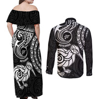 New Zealand Couples Matching Off Shoulder Maxi Dress and Long Sleeve Button Shirt Stylized Kiwi Bird Tattoo Mix Koru Circle and Maori Ethnic Vibe LT03 - Polynesian Pride