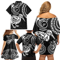 New Zealand Family Matching Off Shoulder Short Dress and Hawaiian Shirt Stylized Kiwi Bird Tattoo Mix Koru Circle and Maori Ethnic Vibe LT03 - Polynesian Pride