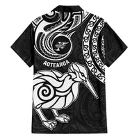 New Zealand Family Matching Off Shoulder Short Dress and Hawaiian Shirt Stylized Kiwi Bird Tattoo Mix Koru Circle and Maori Ethnic Vibe LT03 - Polynesian Pride