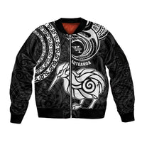 New Zealand Sleeve Zip Bomber Jacket Stylized Kiwi Bird Tattoo Mix Koru Circle and Maori Ethnic Vibe LT03 Unisex Black - Polynesian Pride