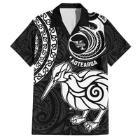 Personalised New Zealand Family Matching Off Shoulder Short Dress and Hawaiian Shirt Stylized Kiwi Bird Tattoo Mix Koru Circle and Maori Ethnic Vibe LT03 Dad's Shirt - Short Sleeve Black - Polynesian Pride