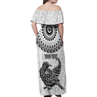 Custom New Zealand Family Matching Off Shoulder Maxi Dress and Hawaiian Shirt Tui Bird and Koru Circle Mix Silver Fern Pattern LT03 - Polynesian Pride