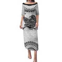 Custom New Zealand Puletasi Tui Bird and Koru Circle Mix Silver Fern Pattern LT03 Long Dress White - Polynesian Pride