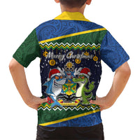 Funny Crocodile and Shark Solomon Islands Christmas Family Matching Short Sleeve Bodycon Dress and Hawaiian Shirt with National Seal Melanesian Pattern
