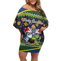 Funny Crocodile and Shark Solomon Islands Christmas Off Shoulder Short Dress with National Seal Melanesian Pattern
