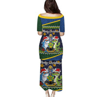 Funny Crocodile and Shark Solomon Islands Christmas Puletasi with National Seal Melanesian Pattern