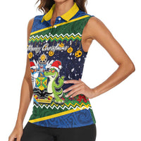 Funny Crocodile and Shark Solomon Islands Christmas Women Sleeveless Polo Shirt with National Seal Melanesian Pattern LT03 - Polynesian Pride