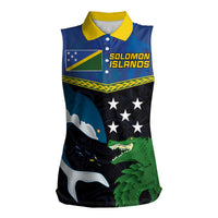 Custom Solomon Islands Rugby Women Sleeveless Polo Shirt Arty Shark and Crocodile Solomon Islands National Emblems LT03 Female Blue - Polynesian Pride