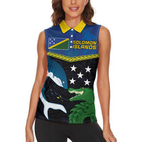 Custom Solomon Islands Rugby Women Sleeveless Polo Shirt Arty Shark and Crocodile Solomon Islands National Emblems LT03 - Polynesian Pride