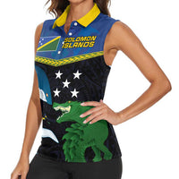 Custom Solomon Islands Rugby Women Sleeveless Polo Shirt Arty Shark and Crocodile Solomon Islands National Emblems LT03 - Polynesian Pride