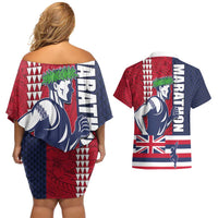 Honolulu Running 2024 Couples Matching Off Shoulder Short Dress and Hawaiian Shirt Marathon Competition Hula Runner and Kakau Art Tattoo