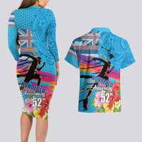 Honolulu Anniversary 52nd Running Couples Matching Long Sleeve Bodycon Dress and Hawaiian Shirt Marathon Competition Kakau Pattern Blue Color