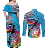 Honolulu Anniversary 52nd Running Couples Matching Off Shoulder Maxi Dress and Long Sleeve Button Shirt Marathon Competition Kakau Pattern Blue Color