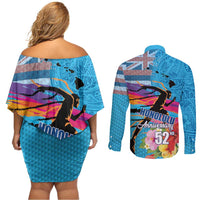 Honolulu Anniversary 52nd Running Couples Matching Off Shoulder Short Dress and Long Sleeve Button Shirt Marathon Competition Kakau Pattern Blue Color