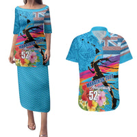 Honolulu Anniversary 52nd Running Couples Matching Puletasi and Hawaiian Shirt Marathon Competition Kakau Pattern Blue Color