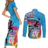 Honolulu Anniversary 52nd Running Couples Matching Short Sleeve Bodycon Dress and Long Sleeve Button Shirt Marathon Competition Kakau Pattern Blue Color