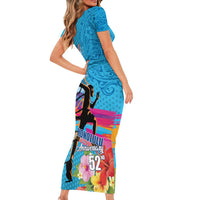 Honolulu Anniversary 52nd Running Short Sleeve Bodycon Dress Marathon Competition Kakau Pattern Blue Color